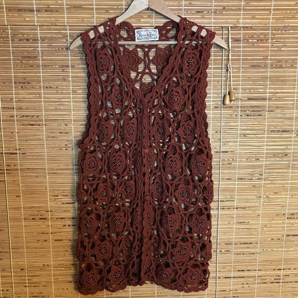Reference Point Crochet Vest M L Rust Brown Beaded Floral Boho Festival 90s